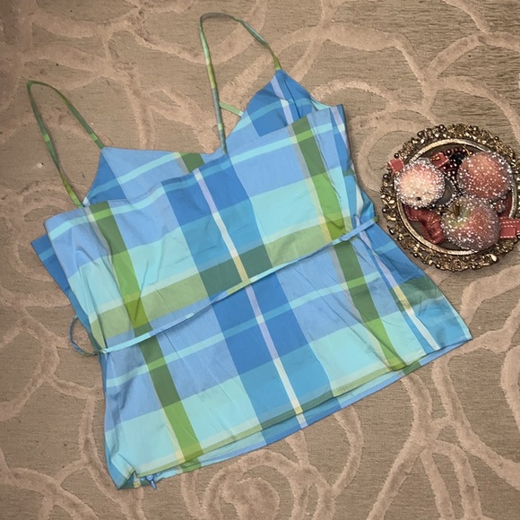 NWOT🌷OLD NAVY🌷Light blue green plaid cotton stretch side zip camisole - Picture 3 of 3